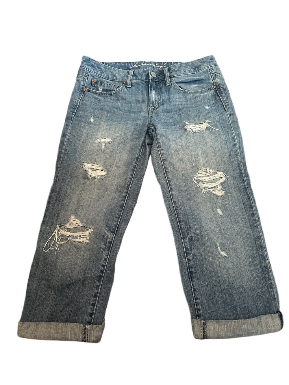 American Eagle Boy Fit Distressed Women's Blue Jean Capris Size 4